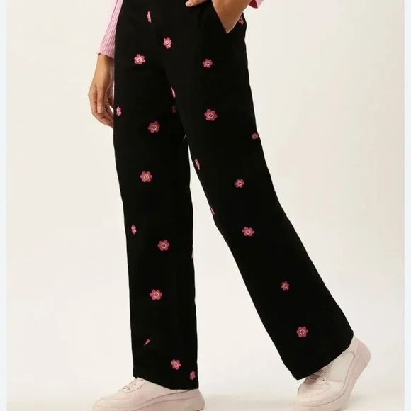 Cotton Wide-leg Leg Pants Embroidered Happy Face Flower Twill Party Pants BLK L - Picture 8 of 11